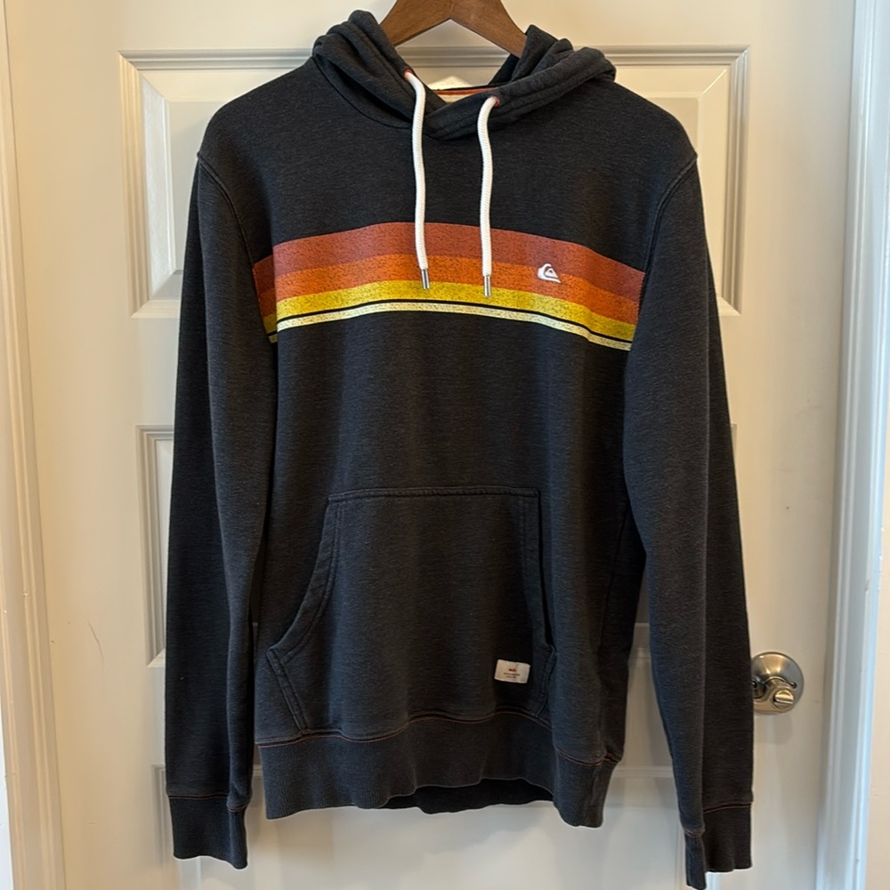 Quiksilver Men’s Medium Ocean Inspired Striped Gray Hoodie Sweatshirt